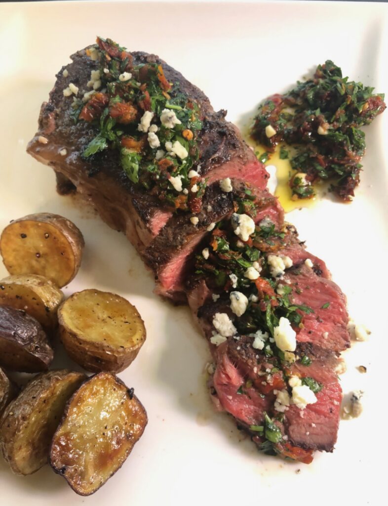 sun dried tomato chimichurri strip steak